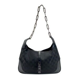 GUCCI GG Canvas Jackie Line Chain Shoulder Bag 001 4015 Black Leather